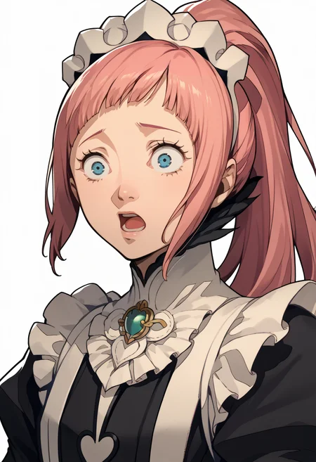 score_9, score_8_up, score_7_up, source_anime, 1girl, solo, shocked, open mouth
<lora:zs_P3ReloadPortraitsXL:1> p3reloadportraits, portrait, white background
<lora:felicia-fe-richy-v1_xl:1> feliciadef, pink hair, ponytail, blue eyes, maid headdress, brooch, maid apron, bridal gauntlets,