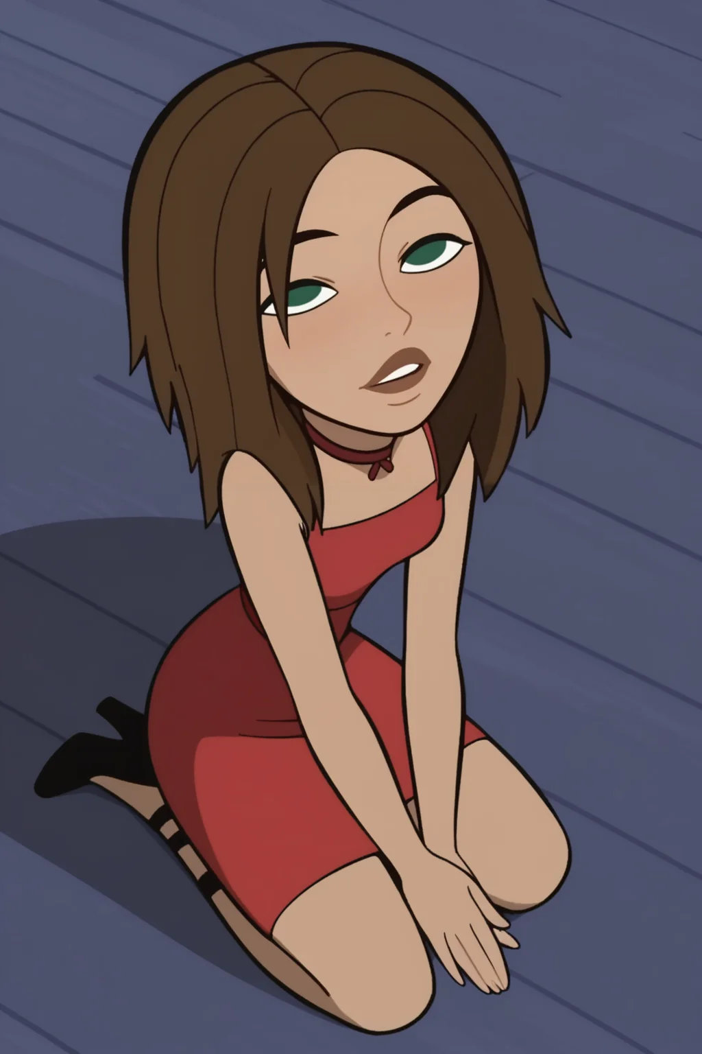 score_9, score_8_up, score_7_up, score_6_up, score_5_up, score_4_up, BREAK, <lora:Bonnie_Rockwaller:1>, 1girl, Bonnie, brown hair, green eyes, no pupils, dark skin, red dress, jewelry, choker, kneeling, looking up, looking at viewer