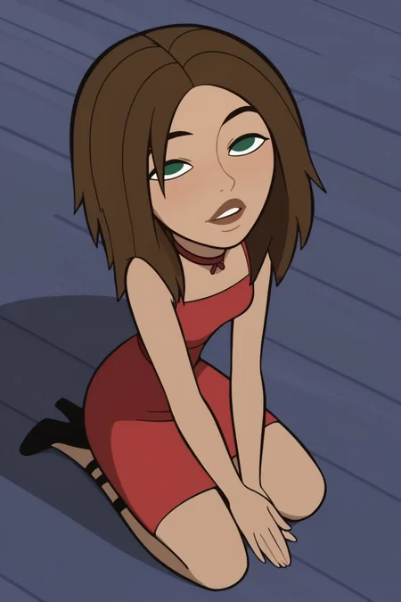 score_9, score_8_up, score_7_up, score_6_up, score_5_up, score_4_up, BREAK, <lora:Bonnie_Rockwaller:1>, 1girl, Bonnie, brown hair, green eyes, no pupils, dark skin, red dress, jewelry, choker, kneeling, looking up, looking at viewer