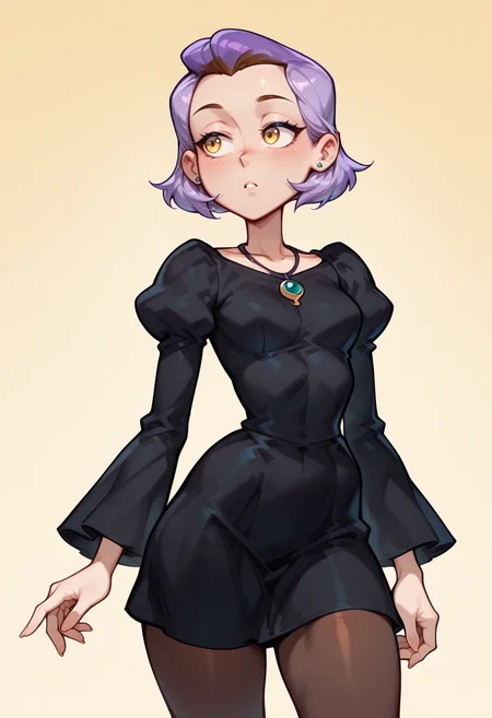 masterpiece, best quality, very aesthetic, absurdres, simple background,
BREAK 1 girl, solo, adult, AmityOH, short hair, purple hair, yellow eyes, pointy ears, earrings, black witch dress, necklace, brown pantyhose,
BREAK good hand, <lora:Amity_Blight__Illustrioous:1> , <lora:AKinuNishimura_Style:1> ,<lora:small_Yo0001_Illust:0.6>