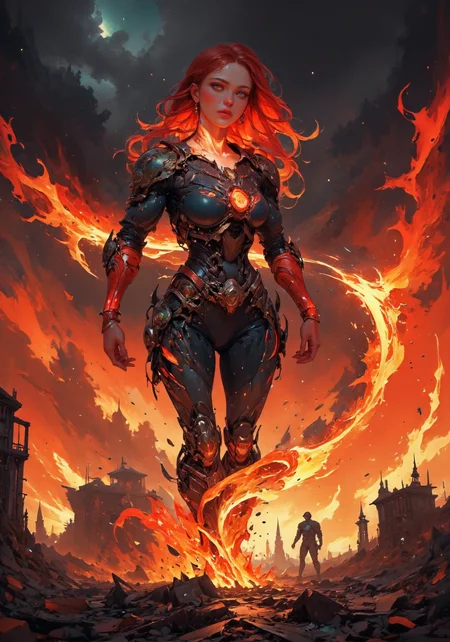 A fierce, armored woman with glowing red eyes, engulfed in flames, stands in a post-apocalyptic battlefield. Her red hair flows with the heat of the fire surrounding her, while her black and crimson futuristic armor pulses with energy. She clenches her fists, and flames burst out from her body, igniting the ground beneath her. The sky above is dark and filled with swirling ash, and debris floats through the air as she prepares for battle. The camera tracks her from a low angle, slowly zooming in on her face as her eyes burn brighter. As the scene intensifies, a wave of fire erupts from her, engulfing everything in its path. More: The scene takes place during a fiery sunset, with a dark red sky. Embers float in the air, creating a tense and dramatic atmosphere. Intense lighting highlights her armor and the fire, emphasizing her power.
 <lora:DarksunRIDDV3:0.6> <lora:flux_hyperkraximalism-crazy:0.6> <lora:Midjourney_-_SemiReal_Dreams_FLUX_LoRA:0.6> <lora:CPA:0.6> <lora:BLUE_mk4_angel_FLUX_01:0.6> <lora:BioInk2FLUX:0.6>