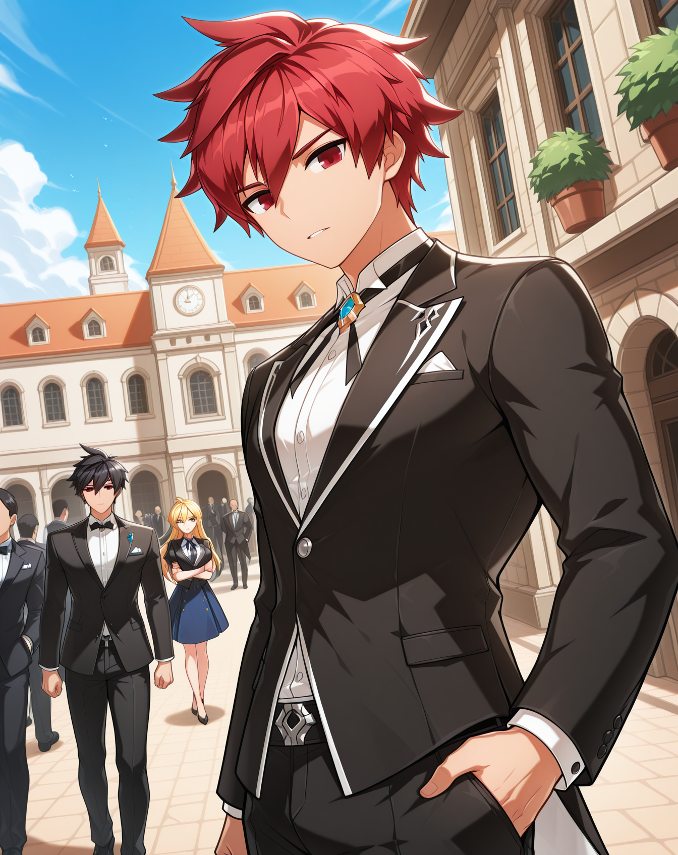 masterpiece,best quality,amazing quality, newest, very aesthetic, absurdres,
1boy, solo, yaoi, male focus, looking at viewer, cowboy shot, standing,
 <lora:Elsword_Knight_Emperor_ilxl:1> elswordke, red hair, red eyes,
formal, tuxedo, neck ribbon, white shirt, collared shirt, black pants, shoes, black footwear, suit jacket, black jacket,
outdoors, day, blue sky, building, people,
