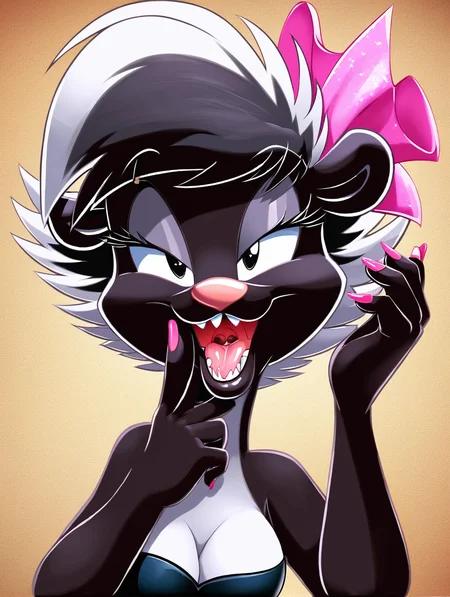 score_9, score_8_up, score_7_up, toon \(style\),ultra high quality,ultra high resolution,ultra ,full body, seductive, very realistic,(extremely detailed), detailed background,,(masterpiece, best quality, high quality, highres, ultra-detailed),toon (style), flat color,  <<lora:Tracey_Tailor_r1:0.8> tracey tailor, skunk, two-tone hair, short hair, black hair, white hair, traceyhair, toon (style), flat color, skunk girl, traceys hair ornament, medium breasts, black eyes, half-closed eyes, long eyelashes, open mouth, looking at viewer,(portrait:1.2),close up,perfect eyes,perfext fur,seductive smile,hands in own hair,biting own finger seductive,hand in hair,black corset,perfect teeth,high detailed mouth,ultra high details,8k,pink nail,perfect nails,one hand on hair,one hand on mouth,sharp teeth,perfect teeth,