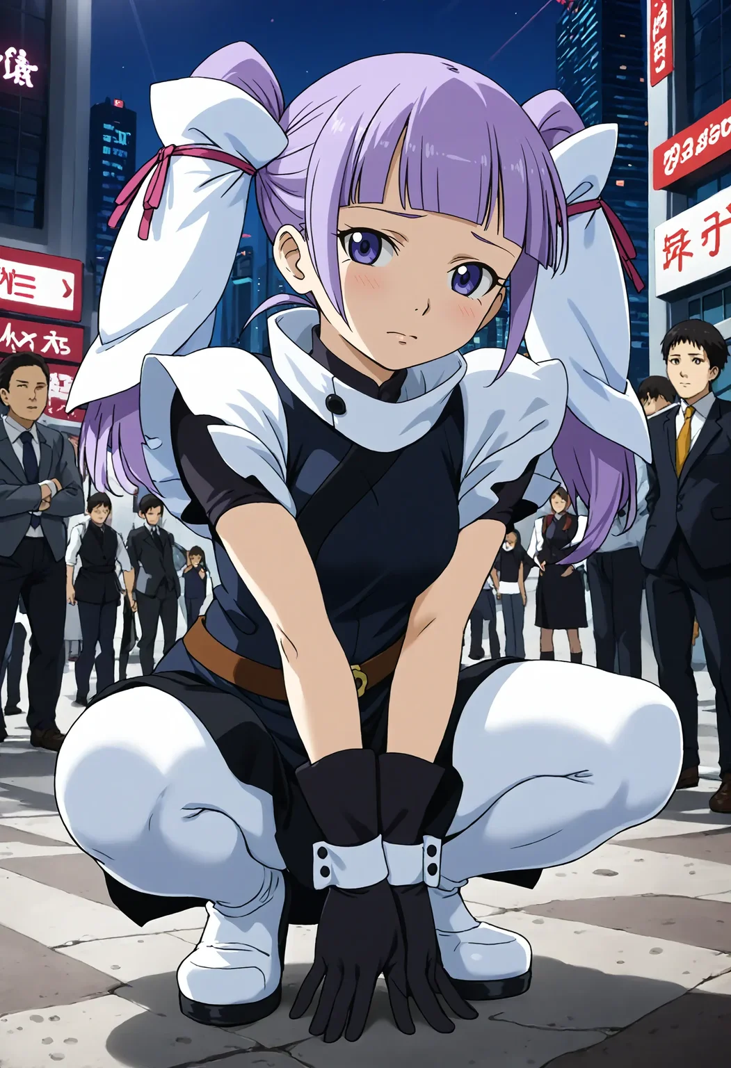 <lora:Hyper-SDXL-8steps-lora:1> <lora:Fixhands_anime_bdsqlsz_V1:1> zPDXL2, score_9, score_8_up, score_7_up, source_anime, intricate details, perfect anatomy BREAK
outdoors, city, tokyo, japan, audience, crowd, squatting, arms between legs, dutch angle, hands, hanging hair, head tilt, looking at viewer, Guilty, Downcast eyes, slumped shoulders, and a slightly ashamed expression., 1girl, solo, solo focus,
<lora:GAGE-fram_nara_XL(pony)v10:1> GAGE-fram, purple hair, twintails, hair ornament, purple eyes, GAGE-fram outfit, black dress, white wrist cuffs, black gloves, black skirt, white pantyhose, black legwear, white shoes,