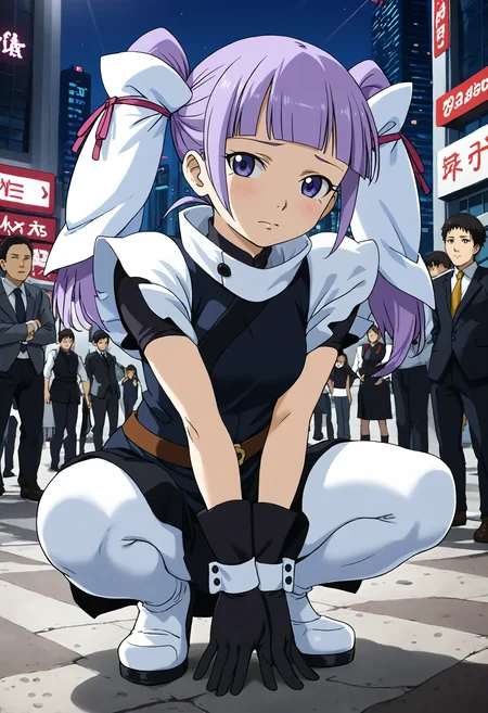 <lora:Hyper-SDXL-8steps-lora:1> <lora:Fixhands_anime_bdsqlsz_V1:1> zPDXL2, score_9, score_8_up, score_7_up, source_anime, intricate details, perfect anatomy BREAK
outdoors, city, tokyo, japan, audience, crowd, squatting,  arms between legs, dutch angle, hands, hanging hair, head tilt,  looking at viewer, Guilty, Downcast eyes, slumped shoulders, and a slightly ashamed expression., 1girl, solo, solo focus, 
<lora:GAGE-fram_nara_XL(pony)v10:1> GAGE-fram, purple hair, twintails, hair ornament, purple eyes, GAGE-fram outfit, black dress, white wrist cuffs, black gloves, black skirt, white pantyhose, black legwear, white shoes,