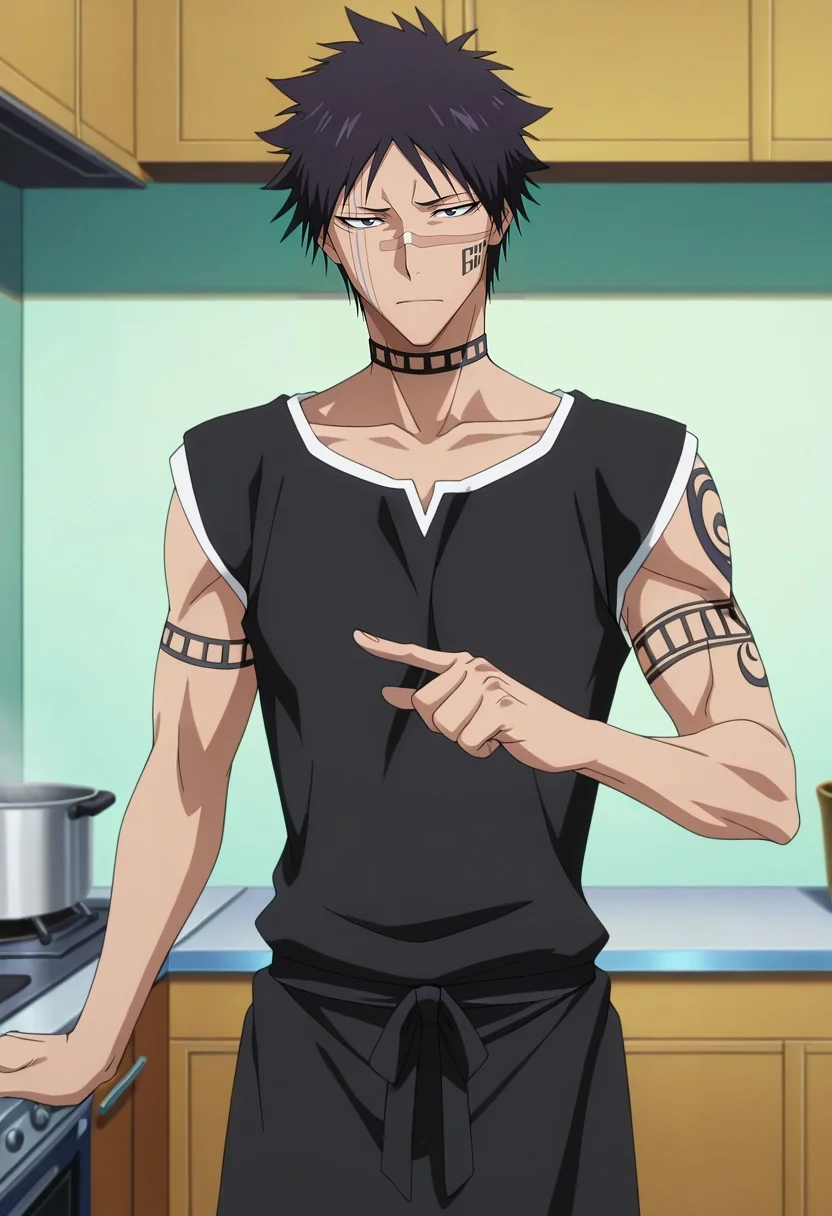 masterpiece, best quality, intricate details, anime screencap, anime coloring, official style, looking at viewer, 1boy, solo, male focus, <lora:shuuhei_hisagi_ilxl:0.96>, shuuhei_hisagi, black hair, black eyes, short hair, , tattoo, facial mark, bandaid on nose, scar on face, , choker, cowboy shot, kitchen, cooking, day, pointing, sad,