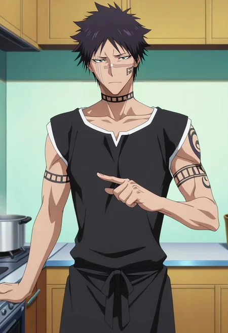 masterpiece, best quality, intricate details, anime screencap, anime coloring, official style, looking at viewer, 1boy, solo, male focus, <lora:shuuhei_hisagi_ilxl:0.96>, shuuhei_hisagi, black hair, black eyes, short hair, , tattoo, facial mark, bandaid on nose, scar on face, , choker, cowboy shot, kitchen, cooking, day, pointing, sad,