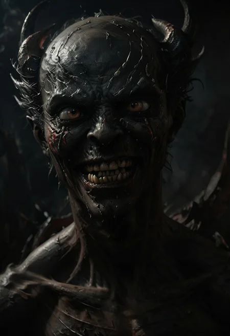 Full length view. (smiling black demon, almond-shaped eyes). attacks of terror. an alarming and grotesque world, with a muted palette and dry brush technique, creating a feeling of hopelessness, desolation, (Minimalism: 1). Canon 5d cinema frame. Ideal body anatomy.--ar 9:16 --ar 1:2