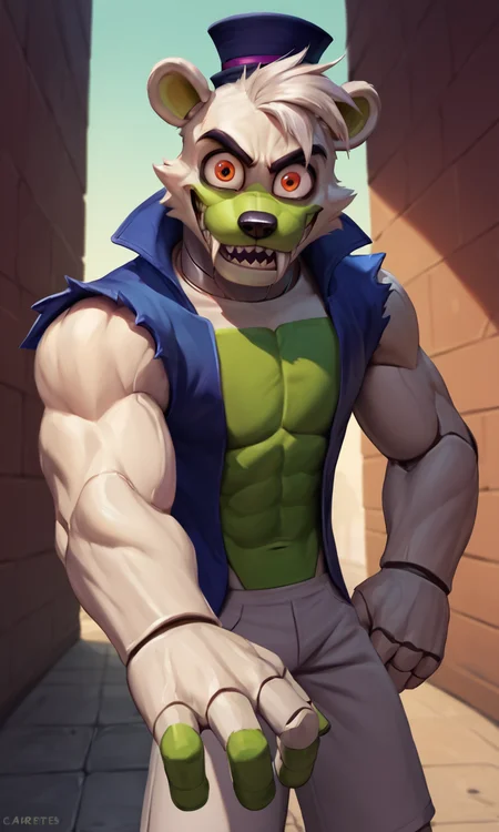 <lora:saucebear_ponyxl-10v1.1:1.7> score_9, score_8_up, score_7_up, BREAK, outdoor, solo,  (source_furry),  (saucebear), crazy smile, handsome crazy face, (large canines, sabertooth), deep blue hat, bear ears, orange eyes, ((white fur:1.5, green color front chest, green fingers, four fingers on the each arms, metallic neck:1)), (big eyes, big eye sockets), (wearing blue vest), detailed hat, male focus, detailed face, detailed ears, detailed hands, (detailed clothing),  (wearing very tight white shorts), looking at viewer, zPDXL2
<lora:Pony_DetailV2.0:1> <lora:add-detail-xl:0.55> <lora:detailed_notrigger:0.35> <lora:ZoroJ:0.3> <lora:Kidde_Jukes:0.4> <lora:Chunie-Pony-XL-v6:0.3> EyeDetail-SDXL