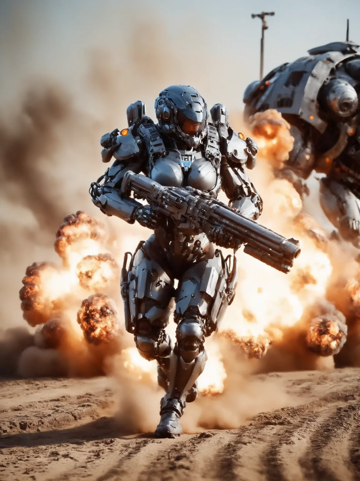 woman running over battlefield holding gun, cyberpunk, heavy bodyarmor, helmet, orange visor, armored boots, explosions, dirt, dust, motion blur, mad-hvybdyarmr, cinematic shot, dramatic lighting, masterpiece, best quality, ultra high res, (photorealistic, realistic:1.2), deep shadow, raw photo, film grain, Fujifilm XT3, 8k uhd, dslr