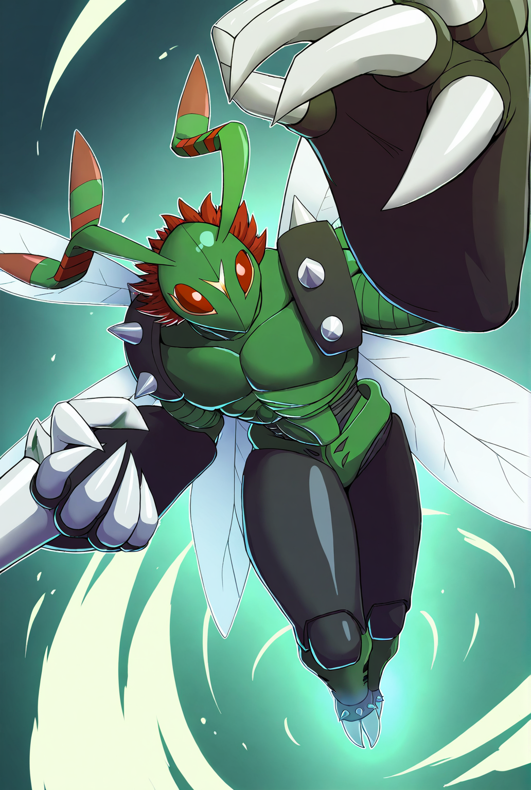 very awe,aesthetically pleasing,masterpiece,best quality,amazing quality,very aesthetic,ultra-detailed,high resolution,8k,1boy,solo,full body,male focus,detailed face,digimon,insect wings,no humans,wings,(creature),claws,spikes,antennae,red eyes,armor,fighting stance,perspective,flying,<lora:Stingmon:0.8>,stingm0n,digimon \(creature\),