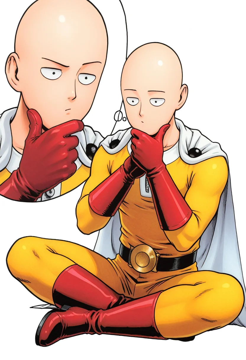 traditional media, male, solo, alone, 1boy, male focus, (bald, yellow bodysuit, red gloves, red boots, cape, zipper, black belt, ), (, thinking, hand on own chin, stroking own chin, sitting, indian style, ),
BREAK
(solid white background, ), sa1tama, parody, , DR, 8K, beautiful, high contrast, masterpiece, best quality, amazing quality, very aesthetic, absurdres, newest, depth of field, ray tracing, dynamic angle,
