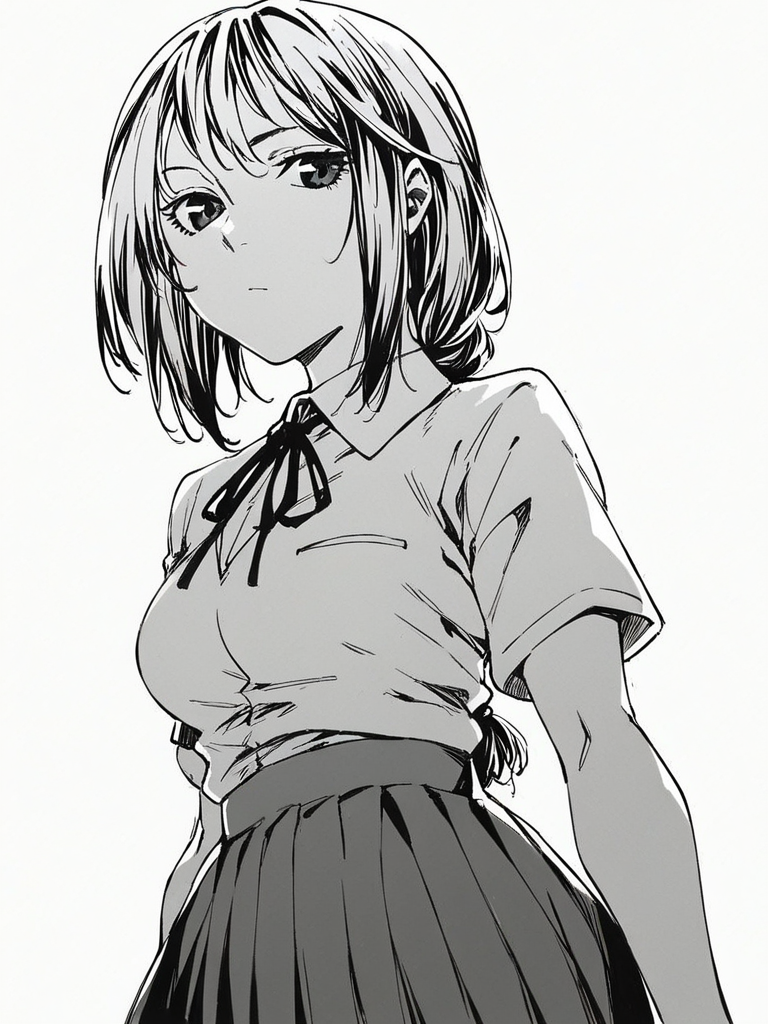 score_9, score_8_up, score_7_up,  
1girl, monochrome, 

amane Shiho, long hair, low tied hair, medium breasts, 


white background, solo, standing, expressionless, closed mouth, looking at viewer, 

white shirt, neck ribbon, short sleeves, school uniform, pleated skirt, 