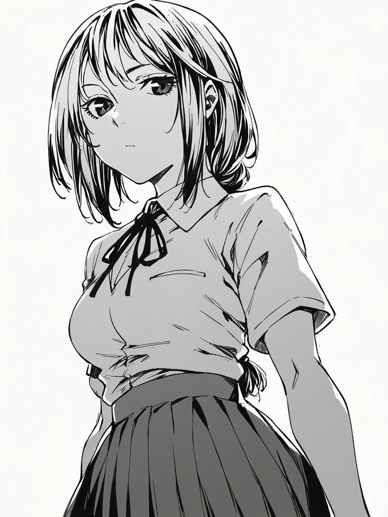score_9, score_8_up, score_7_up,
1girl, monochrome,
amane Shiho, long hair, low tied hair, medium breasts,
white background, solo, standing, expressionless, closed mouth, looking at viewer,
white shirt, neck ribbon, short sleeves, school uniform, pleated skirt,