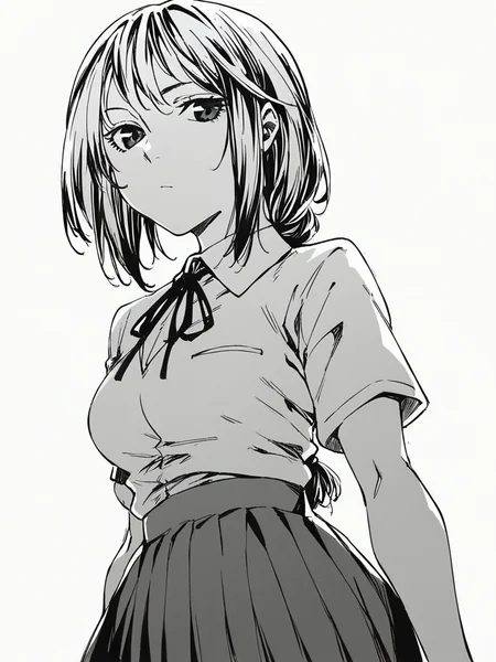 score_9, score_8_up, score_7_up,
1girl, monochrome,
amane Shiho, long hair, low tied hair, medium breasts,
white background, solo, standing, expressionless, closed mouth, looking at viewer,
white shirt, neck ribbon, short sleeves, school uniform, pleated skirt,