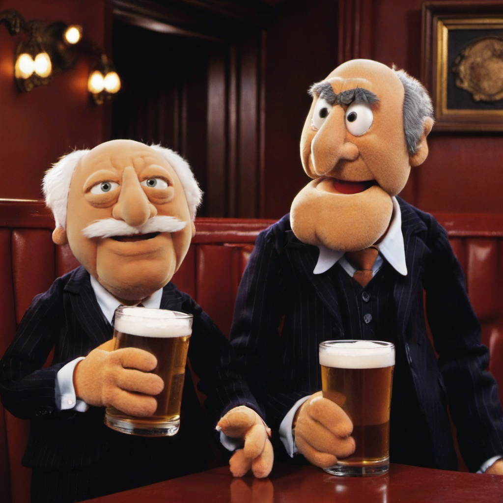 2boys, facial hair, in a suit, having a beer in a pub  <lora:StatlerWaldorf1024-000120:0.8>