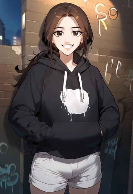 zPDXL3, score_9_up, score_8_up, score_7_up, (Anime_source), 1girl, HayanPark, brown eyes, brown hair, long hair, low ponytail, cowboy shot, looking at viewer, smile, black hoodie, hood down, hands in pockets, shorts, night, street, against wall, graffiti