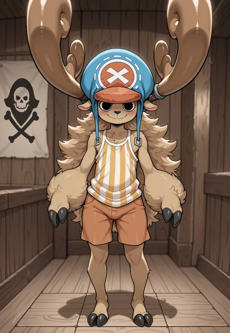 masterpiece, best quality, amazing quality, chopperhp, 1boy, solo, (full body), furry, reindeer boy, hat, reindeer antlers, black eyes, long hair, hooves, striped shirt, shorts, looking at viewer, smile, BREAK, (pirate ship)