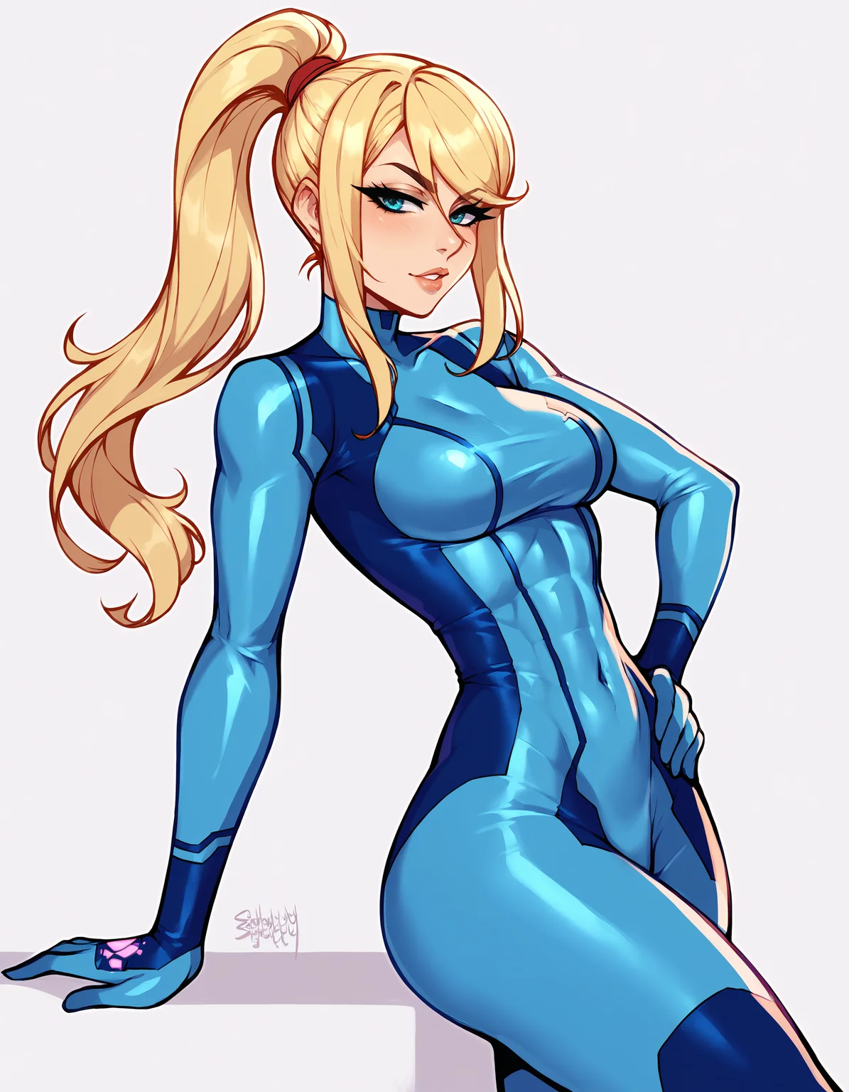 score_9, score_8_up, 2D, blushyspicy, 1girl, solo, samus aran, zero suit, hand on own hip, white background, flat background <lora:BlushySDXL:1>