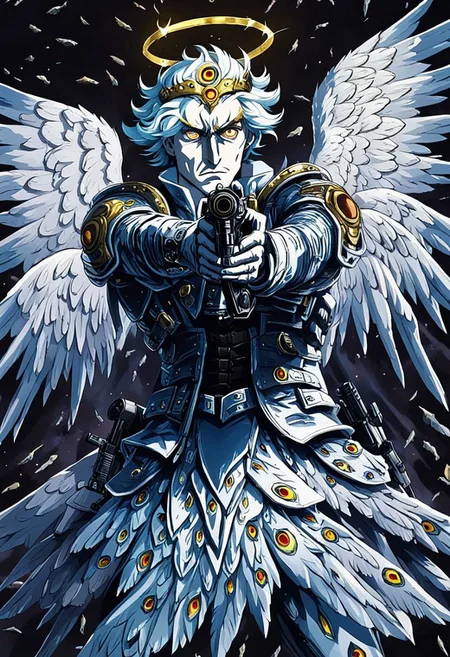 an angel covered in hundreds of eyes and wings with halos surrounding it pointing a gun at the veiwer, llbreton anime screencap