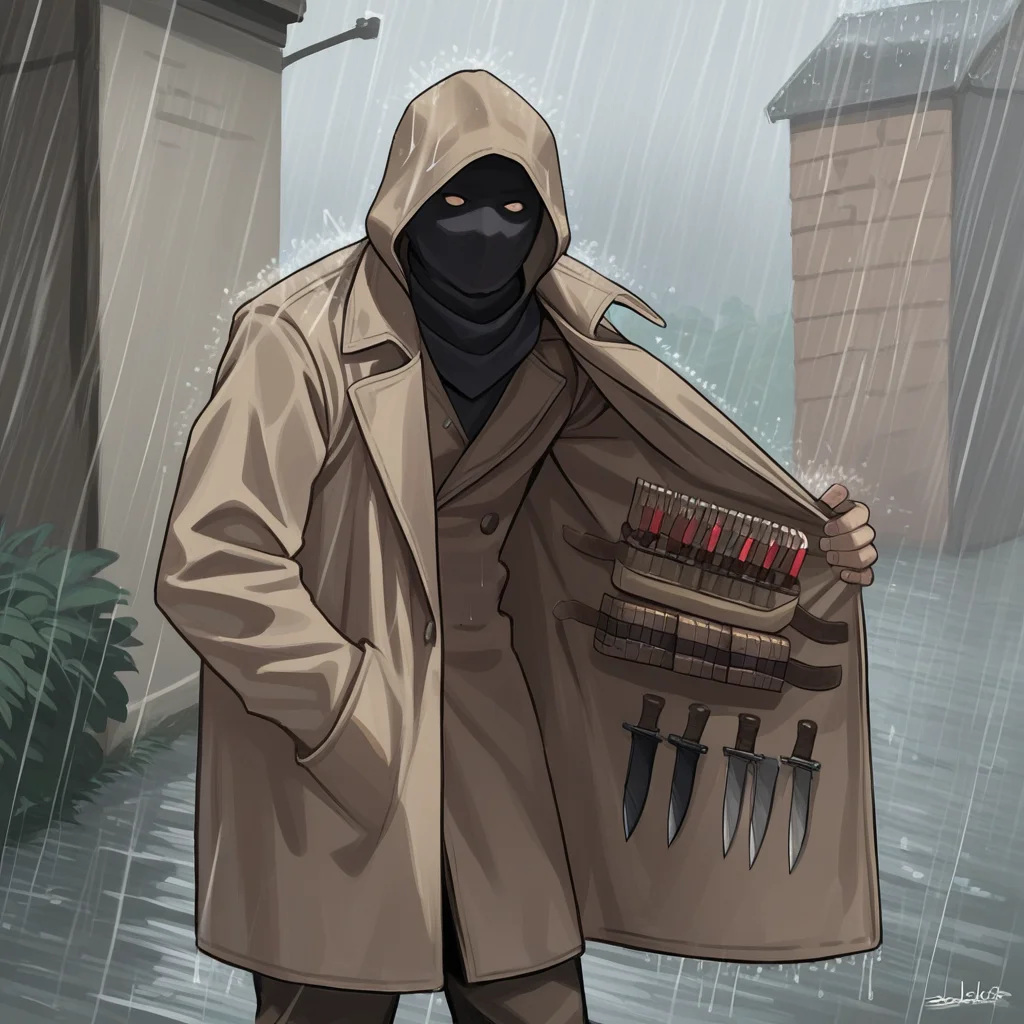score_9, score_8_up, score_7_up, score_6_up, score_5_up, score_4_up, zPDXL2,source_anime,rating_questionable,1boy, solo, outdoors, rain, <lora:Merchant:0.8> m3rch4nt, standing, hood, trench coat, open coat, knives in coat,