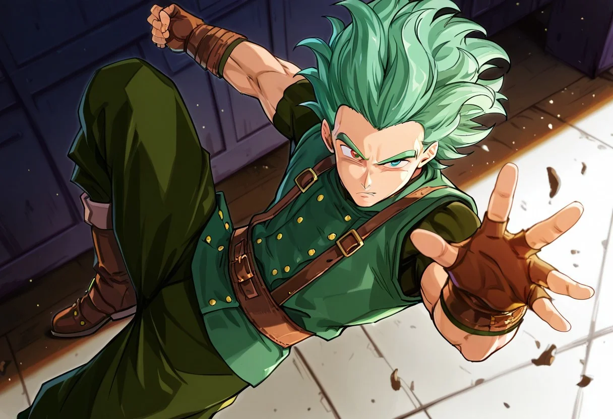 score_9, score_8_up, score_7_up, masterpiece, best quality, countershading, countershade face, high resolution, ultra-detailed, absurdres, depth of field, volumetric lighting, Granolah, 1boy, solo, solo male, green hair, spiky hair, heterochromia, vest, green vest, fingerless gloves, brown gloves, belt, brown footwear, shirt underneath vest