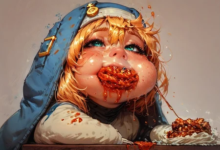score_9, score_8_up, score_7_up, chubby bridget sitting at a table eating ((tacos)), messy, full cheeks, stuffing herself, blonde hair, habit, bridget (guilty gear) wide hips, thick thighs, busty, clothed, habit, androgyne symbol, hood, jacket, 1dk