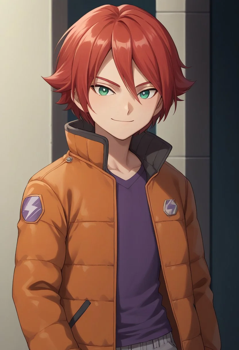 score_9, score_8_up, score_7_up, source_anime, highly detailed, 
hiroto, 1boy, male focus, solo, red hair, green eyes, alternate hairstyle,  jacket, orange jacket, open jacket, open clothes, shirt, purple shirt, hood, pants, grey pants,upper body, smile, slender, skinny
outdoor,