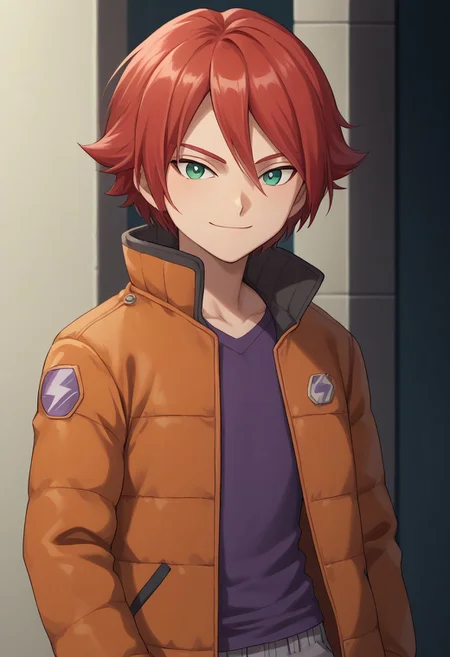 score_9, score_8_up, score_7_up, source_anime, highly detailed, 
hiroto, 1boy, male focus, solo, red hair, green eyes, alternate hairstyle,  jacket, orange jacket, open jacket, open clothes, shirt, purple shirt, hood, pants, grey pants,upper body, smile, slender, skinny
outdoor,