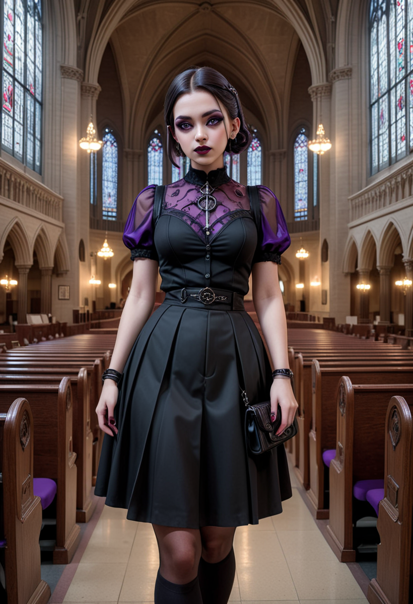 (medium full shot) of (haunting gothic maiden) young woman, Medium build, medium brown low bun hair, philippine, tan skin, hazel eyes, wearing a gothic black sheer blouse , pencil skirt with dark elements, sheer stockings, loafers with gothic design   , Deep plum lipstick, intense black eyeshadow with purple undertones, carrying a studed crossbody bag gothic rings, set in  church Nave, Grand central hall adorned with intricate stained glass windows, rows of wooden pews, a towering altar draped in rich fabrics, flickering candle stands, a majestic pipe organ  , woman smiling, detailed face, ,Masterpiece,best quality, photo, realistic, very aesthetic,