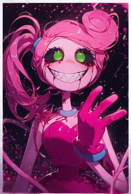 <lora:mmylnglgs-10:1> mmylnglgs, pink hair, 1girl, big smile, green eyes, pink skin, pink gloves, side ponytail, long limbs, round head, dynamic pose,   <lora:WSSKX_WAI:1> no pupils, black sclera, bleeding from eyes, horror, sharp teeth, far away,, masterpiece, best quality, amazing quality, very aesthetic, absurdres, newest,, upper body, halftone effect, white borders, abstract background:1.2,