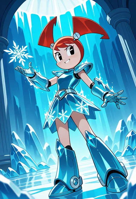 Jenny Wakeman, XJ-9, female, 1girl, solo, robot girl, red pigtails, crystalline ice armor dress, frost-plated gauntlets, diamond crown, snowflake-patterned skirt, freezing mist aura, glacial palace interior, giant ice pillars, aurora borealis through shattered ceiling, robotic snow foxes, elegant pose, Disney Frozen-inspired, intricate ice details, soft glow, fantasy realism, shimmering textures