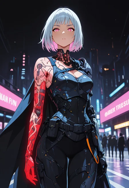 masterpiece, best quality, good quality, very aesthetic, absurdres, newest, 8K, depth of field, focused subject, 1 indian girl, standing confidently in a futuristic city plaza, wearing advanced techwear inspired by a saree, one shoulder covered by a flowing asymmetric cape made of dark smart fabric with embedded fiber optic threads glowing subtly, intricate circuit board patterns mimicking traditional borders, fitted armored bodice underneath, high-tech trousers or leggings, modular utility belt, cybernetic henna patterns glowing on one arm, determined expression.