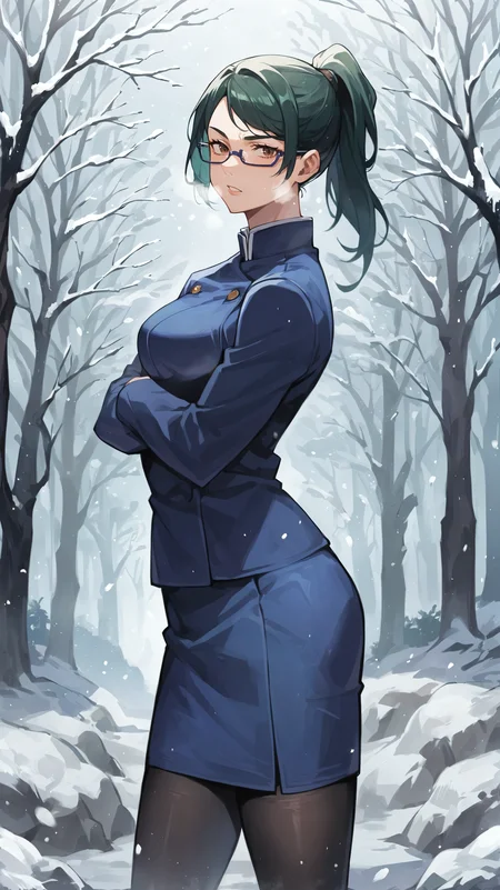 score_9,score_8_up,score_7_up,score_6_up, source_anime, zPDXL, <lora:xl_more_art-full_v1:0.5>, girl, dynamic pose, dark green hair, ponytail, glasses, brown eyes, jujutsu uniform, blue jacket, blue skirt, black leggings, crossed arms, <lora:Maki Zenin-000004:0.8>, snowfall, winter, snowing, winter path, heavy snow, heavy breathing,