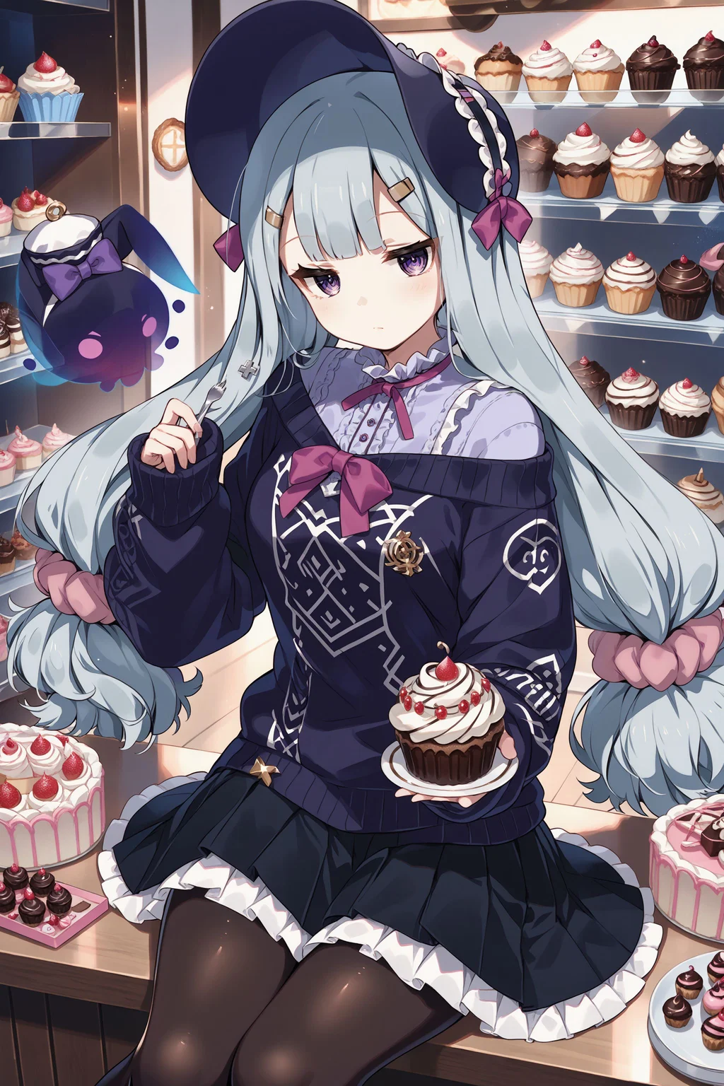 score_max, (score_9, score_8_up, score_7_up:1.2), score_6_up, official art, source_anime,
, masterpiece, absurdres, high detail, 8k,
sweets shop, cupcake, cake,
sitting, holding cupcake, reahing towards viewer, expressionless, blush, looking at viewer, black ghost,
solo, rubetti, low-tied long hair, bonnet, hat bow, purple bow, hairclip, hair scrunchie, black sweater, long sleeves, sleeves past fingers, off shoulders, purple shirt, frilled shirt, cross tie, black skirt, pleated skirt, black pantyhose
<lora:XL_Pony_gomaotsu-ruberis-t1:1.0>