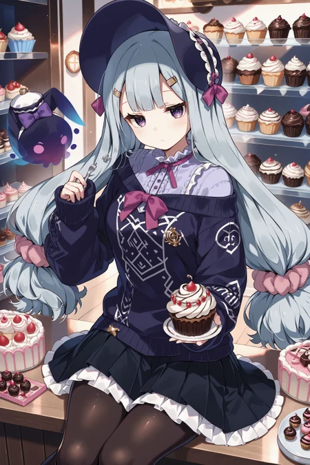 score_max, (score_9, score_8_up, score_7_up:1.2), score_6_up, official art, source_anime,
, masterpiece, absurdres, high detail, 8k,
sweets shop, cupcake, cake,
sitting, holding cupcake, reahing towards viewer, expressionless, blush, looking at viewer, black ghost,
solo, rubetti, low-tied long hair, bonnet, hat bow, purple bow, hairclip, hair scrunchie, black sweater, long sleeves, sleeves past fingers, off shoulders, purple shirt, frilled shirt, cross tie, black skirt, pleated skirt, black pantyhose
<lora:XL_Pony_gomaotsu-ruberis-t1:1.0>