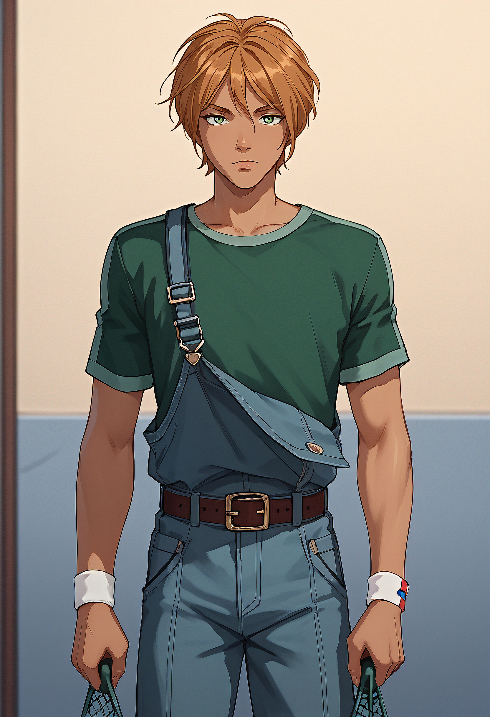embedding:Pony\Positive\zPDXL3, score_9, score_8_up, score_7_up, 1boy, guillaume_ts!, green eyes, ginger hair, light tanned skin, green shirt, overalls with one strap undone, belt, wristband, hand net, best quality, high resolution, masterpiece.
