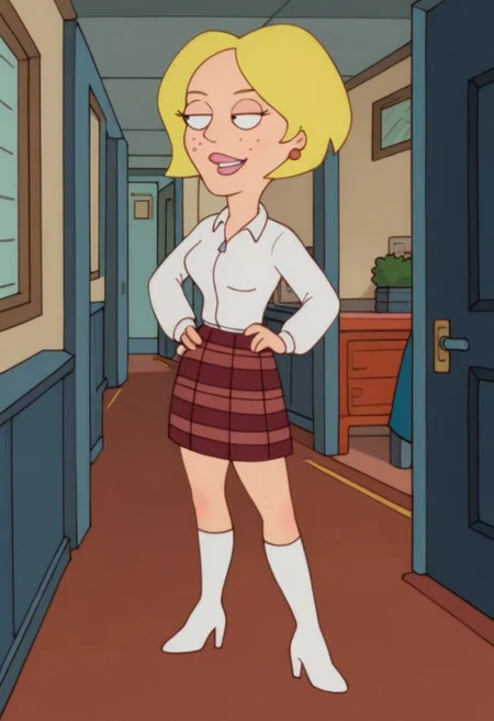 Score_9_up, score_8_up, score_7_up, Expressiveh, solo, 1girl, lcad, blonde hair, freckles, earrings, jacket, plaid skirt, white high heel boots, hand on hip, school hallway,