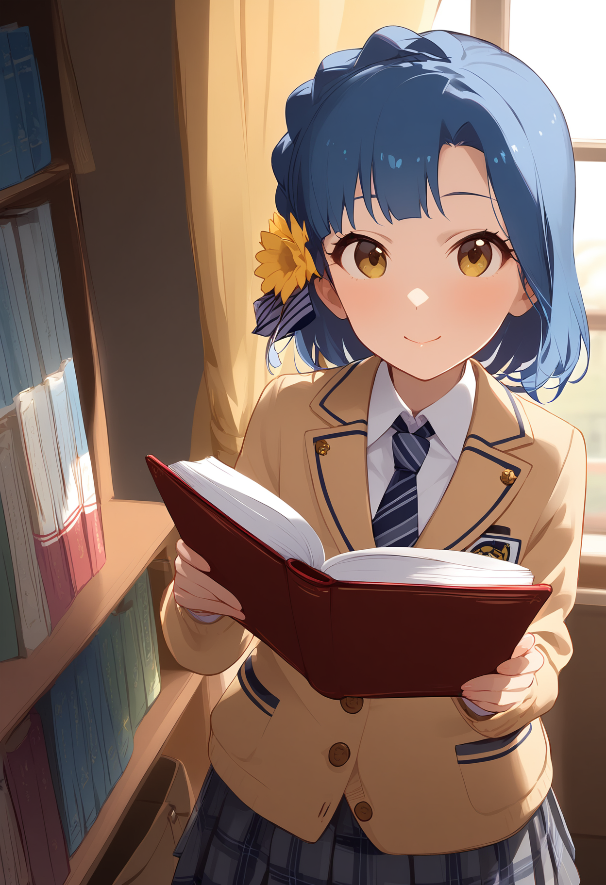 1girl,
nanao yuriko,


book, short hair, necktie, indoors, school uniform, plaid skirt, blue hair, blush, pleated skirt, standing, looking at viewer, jacket, curtains, school, solo, hair flower, hair ornament, braid, cardigan, bookshelf, plaid, long sleeves, yellow eyes, yellow cardigan, striped necktie, grey skirt, blazer, smile, flower, striped, skirt, closed mouth, holding,

sfw
<lora:a31_char_new_nanao_yuriko-000028:1> <lora:a31_style_koni-000010:0.8>