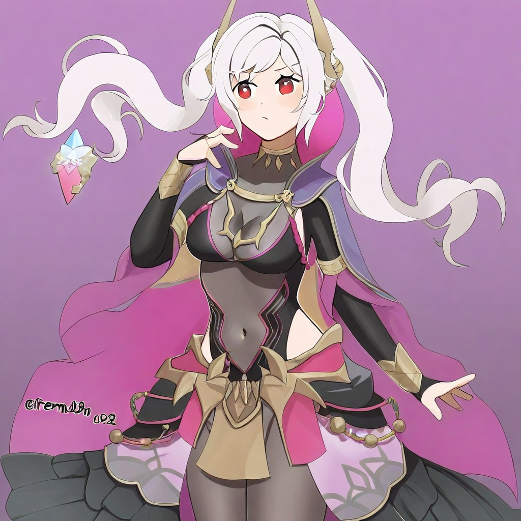 1girl, solo,  RearmedRobin, long hair, white hair, twintails, hair ornament, red eyes, official alternate costume, body stocking, cape, covered naval, cleavage, medium breasts, Skirt,