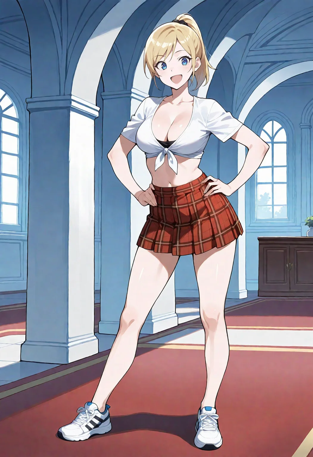 (masterpiece, best quality, high quality, good quality),aozora kyuuji,1girl,traceygtav, <lora:TraceyDSillustrious:1>,blonde hair,blue eyes,ponytail,midriff,crop top,front-tie top,plaid skirt,cleavage,standing,hands on hips,happy,:d,indoors,mansion,luxurious house,sneakers,full body,detailed background