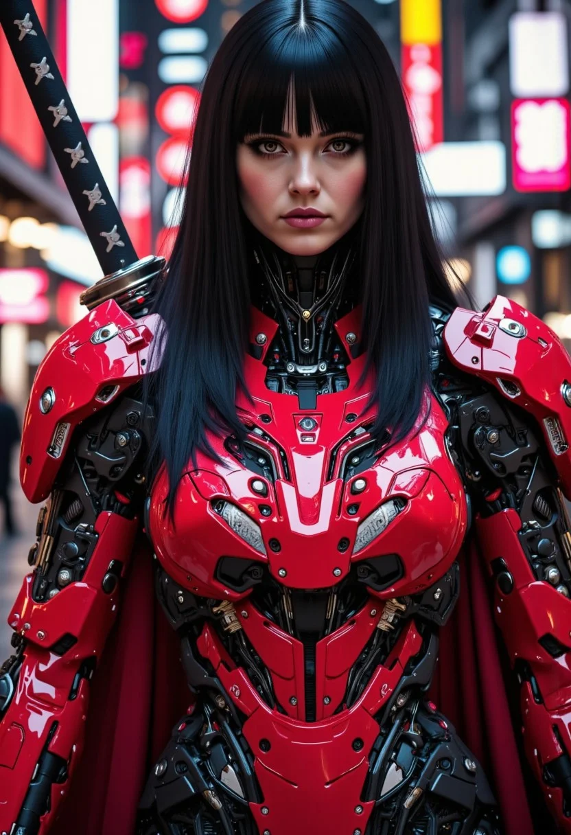 Realistic Photography, Very Low angle Ground Level camera view below looking up From a distance, Futuristic, Distant Vibrant Colors Full body Powerful Female Face, Straight Black Hair with Bangs, Samurai Style Armor outfit, Vibrant Colors cyborg Powerful Female, Samurai Style Armor, Flat Dark Red with Black Trim Colored Armor, Samurai Armor Style Exosuit, Large Breasts, Female, mech, Action Dynamic Action Combat Pose, futuristic, (off-center composition, left aligned, Portrait), an old Powerful cyborg, battle worn, Bulky Samurai Style Power Armor, Large Glowing Samurai Sword, Happy high detailed Eyes, Happy Smile High detailed face, gothic Neon Cyberpunk Cityscape, cinematic film still glamorous photo dark art by Rafael Zabaleta, expressionism art by Asger Jorn, vibrant, Abstract expressionism, experimental painting techniques, bold bright colors, dynamic compositions, Expressionism, Neon Night City Cyberpunk Cityscapes, emotive brushwork, brilliant tones, dramatic lighting, introspective themes. high fashion, luxurious, extravagant, stylish, sensual, opulent, elegance, stunning beauty, professional, high contrast, detailed. shallow depth of field, vignette, highly detailed, high budget, bokeh, cinemascope, moody, epic, gorgeous, film grain, grainy