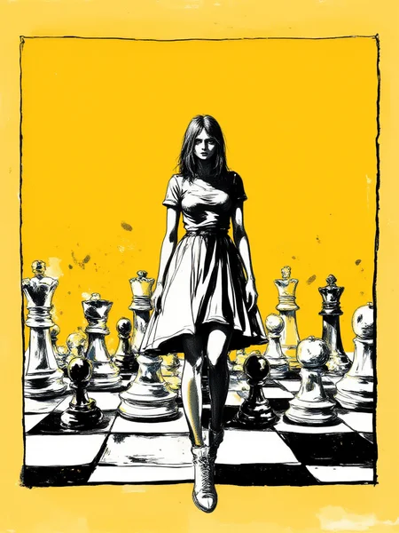 An illustrated image of a woman surrounded by large, floating chess pieces in the middle of an empty city square. background is golden ochre <lora:Midjourney_Whisper_BrushPulse_v01:0.7>, border is amber yellow <lora:inkedgemono-simple_epoch-08:0.9> 1NK3D63SIM <lora:Midjourney_Whisper_Minimal:0.9>
| no deformed hands, no too many limbs, no too many fingers,
