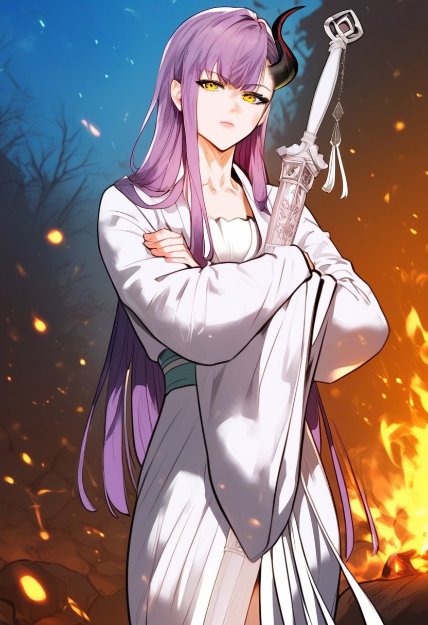 zPDXL2, score_9_up, score_8_up, score_7_up, (Anime_source), high detail face, best quality, absurd res, solo, 1girl, Edora, yellow eyes, purple hair, long hair, horn, classic clothes, looking at viewer, cowboy shot, crossed arms, Edora sword, holding sword, standing, large campfire, particles