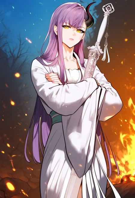 zPDXL2, score_9_up, score_8_up, score_7_up, (Anime_source), high detail face, best quality, absurd res, solo, 1girl, Edora, yellow eyes, purple hair, long hair, horn, classic clothes, looking at viewer, cowboy shot, crossed arms, Edora sword, holding sword, standing, large campfire, particles