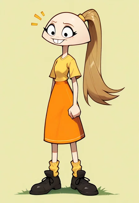 score_9, score_8_up, score_7_up BREAK pegTO, 1girl, bald head, black eyes, yellow hairclip, light brown ponytail, ponytail, buckteeth, bucktooth, no jaw, no lower jaw, half head, jawless, yellow longsleeved shirt, orange skirt, yellow socks, white black shoes,