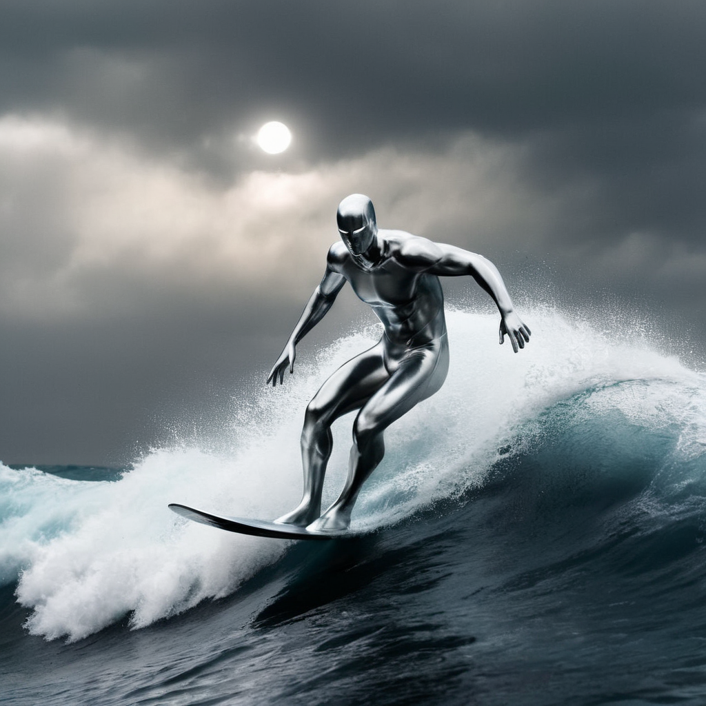 Dark Fantasy Art of  <lora:Cinematic Hollywood Film:1.5>
Epic Creative Scene a silver surfer is riding a wave in the ocean Cinematic Hollywood Film Style, dark, moody, dark fantasy style