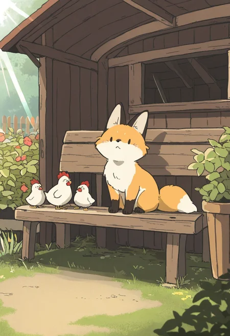 (masterpiece, best quality, high quality, highres), very awa, highres, absurdres,
chii-kun \(seedyoulater\), naguru \(cyoroama\), 
(fox:1.2), (no humans:1.1), paws, fur, (cute:1.2), comfy, solo, 
surprised, silly, OO,
chicken, garden, barn, bench, day, sunlight, sun rays, beautiful background,