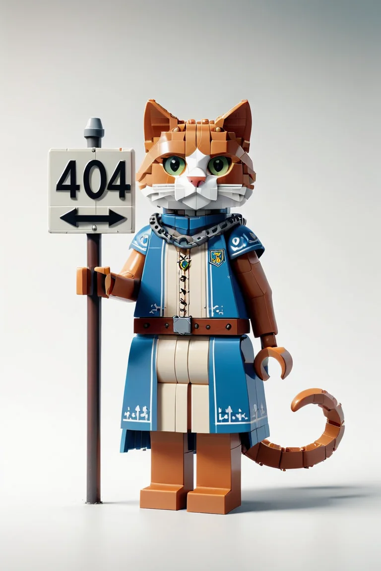 Portrait of kara kedi, full shot (FS), ((full body with legs)), looking straight, | (white background:1.2), (holding a 404 road sign), simple background |, standing, medieval, muted colors, digital art, 8K resolution, ultra quality, trending on artstation, intricate details, highly detailed,,lego, <lora:LegoXL-v1:0.8>