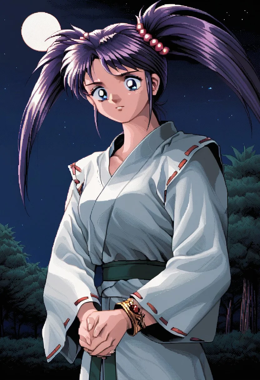 score_9, score_8_up, score_8_up, retro videogame , retro artstyle, pixel art shading, 1girl, solo, standing, hands together, Chery , dark purple hair, bangs, twintails, long hair, dark blue eyes, medium breast, jewelry, gold bracelet, red pearls hair tie, ribbon-trimmed sleeves, green belt, white long japanese clothes , japanese mountain, trees, dark sky, stars,moon, night time: 1.2, concentrated, looking down, nsfw, ecchi, uncesored
